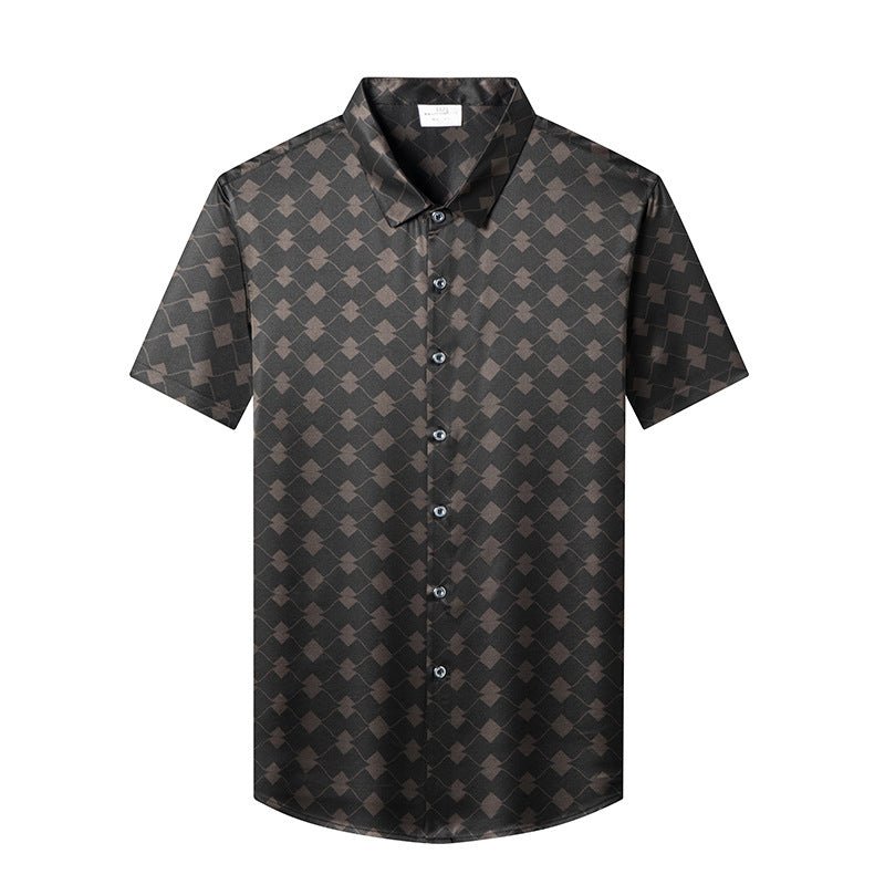 Silk Shirts for Men Short Sleeve Geometric Diamond Pattern Silk Dress Shirt S Black