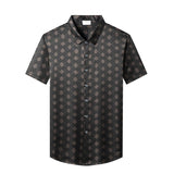 Silk Shirts for Men Short Sleeve Geometric Diamond Pattern Silk Dress Shirt S Black