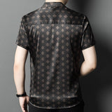 Silk Shirts for Men Short Sleeve Geometric Diamond Pattern Silk Dress Shirt S Black