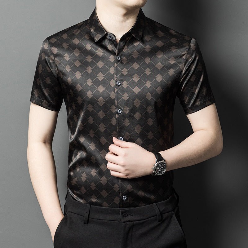 Silk Shirts for Men Short Sleeve Geometric Diamond Pattern Silk Dress Shirt S Black