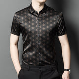 Silk Shirts for Men Short Sleeve Geometric Diamond Pattern Silk Dress Shirt S Black