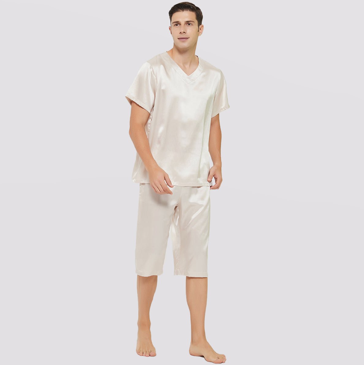 Mens Short Silk Pajama Set Silk Two Piece V Neck Silk Sleepwear Ivory S