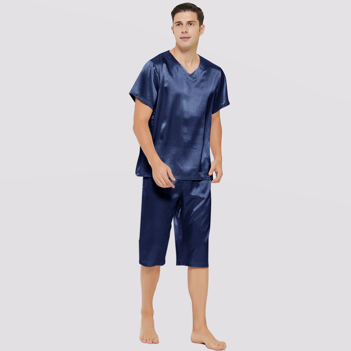 Mens Short Silk Pajama Set Silk Two Piece V Neck Silk Sleepwear Navy Blue S