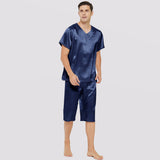 Mens Short Silk Pajama Set Silk Two Piece V Neck Silk Sleepwear Navy Blue S