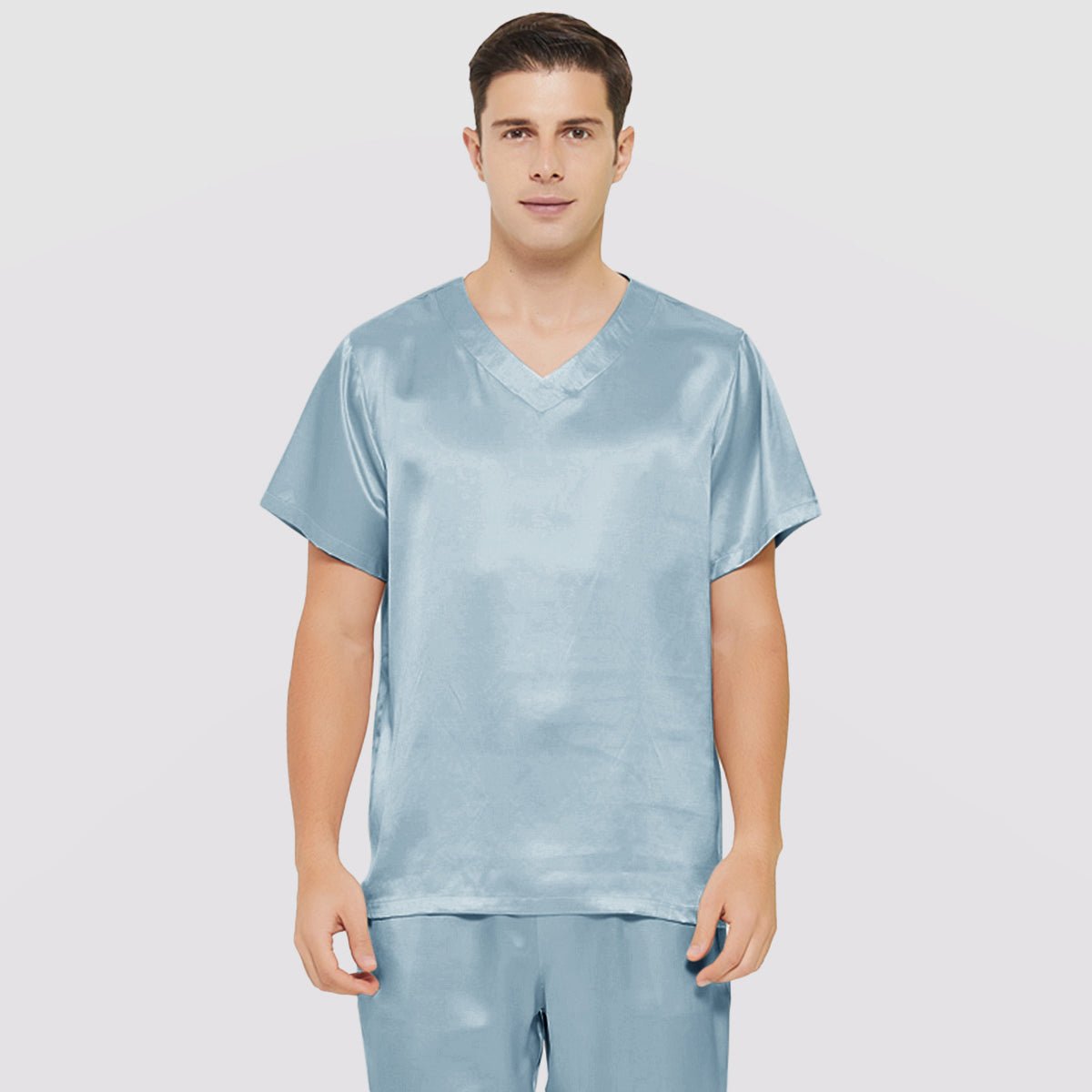 Mens Short Silk Pajama Set Silk Two Piece V Neck Silk Sleepwear Haze Blue S