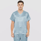 Mens Short Silk Pajama Set Silk Two Piece V Neck Silk Sleepwear Haze Blue S