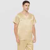 Mens Short Silk Pajama Set Silk Two Piece V Neck Silk Sleepwear Gold S