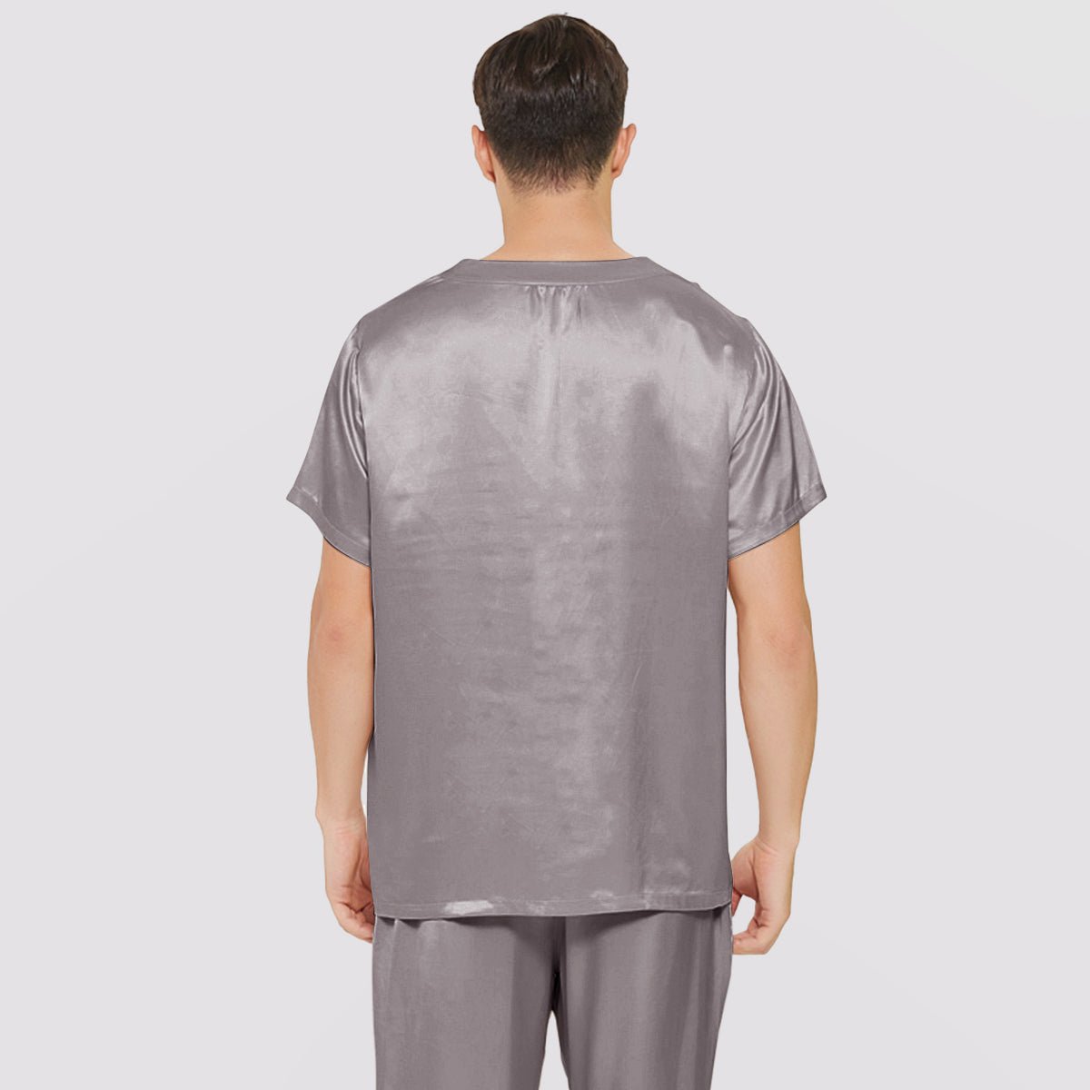 Mens Short Silk Pajama Set Silk Two Piece V Neck Silk Sleepwear Dark Gray S