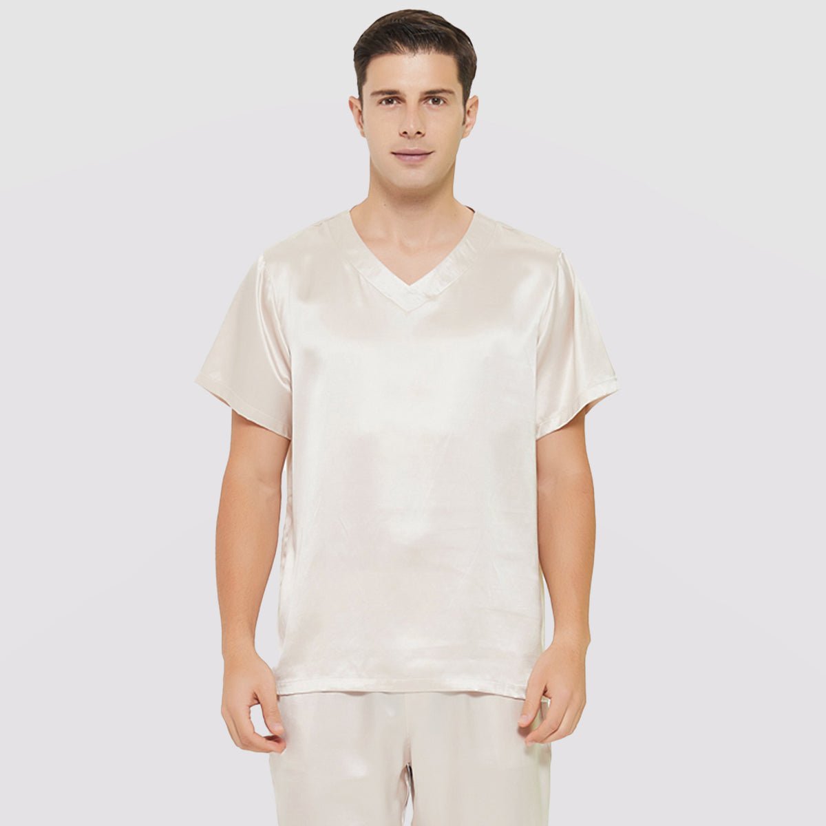 Mens Short Silk Pajama Set Silk Two Piece V Neck Silk Sleepwear Ivory S