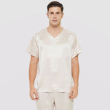 Mens Short Silk Pajama Set Silk Two Piece V Neck Silk Sleepwear Ivory S