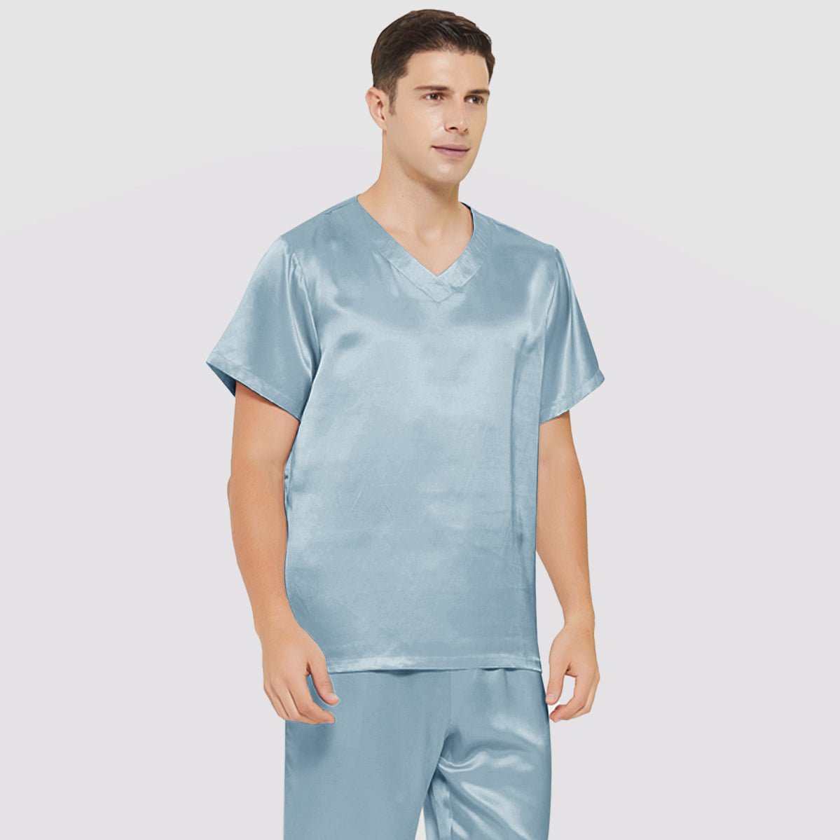 Mens Short Silk Pajama Set Silk Two Piece V Neck Silk Sleepwear Haze Blue S