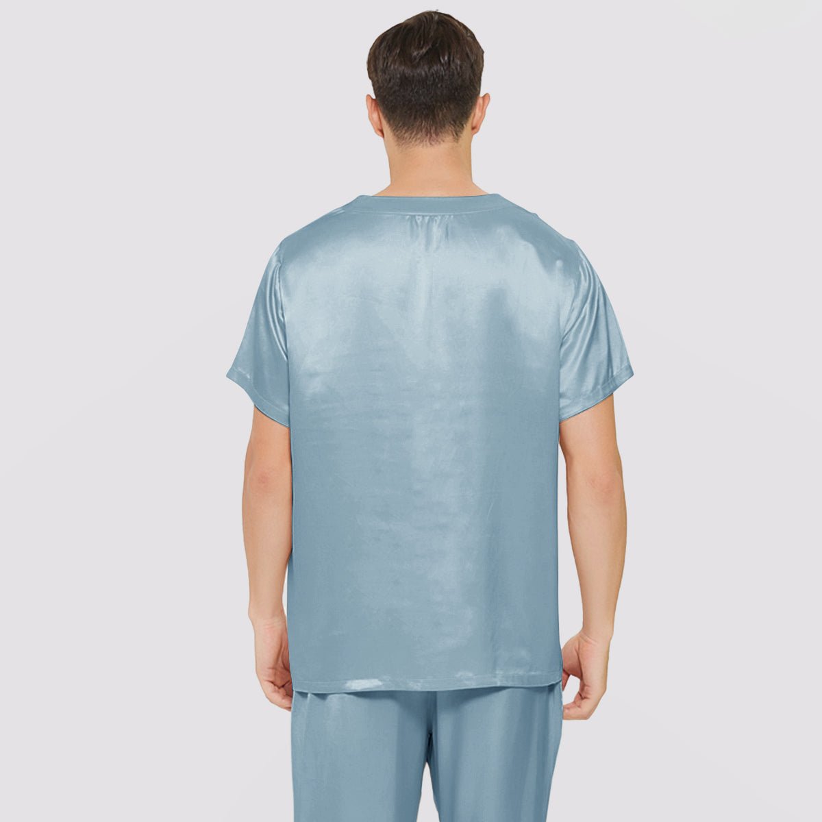 Mens Short Silk Pajama Set Silk Two Piece V Neck Silk Sleepwear Haze Blue S