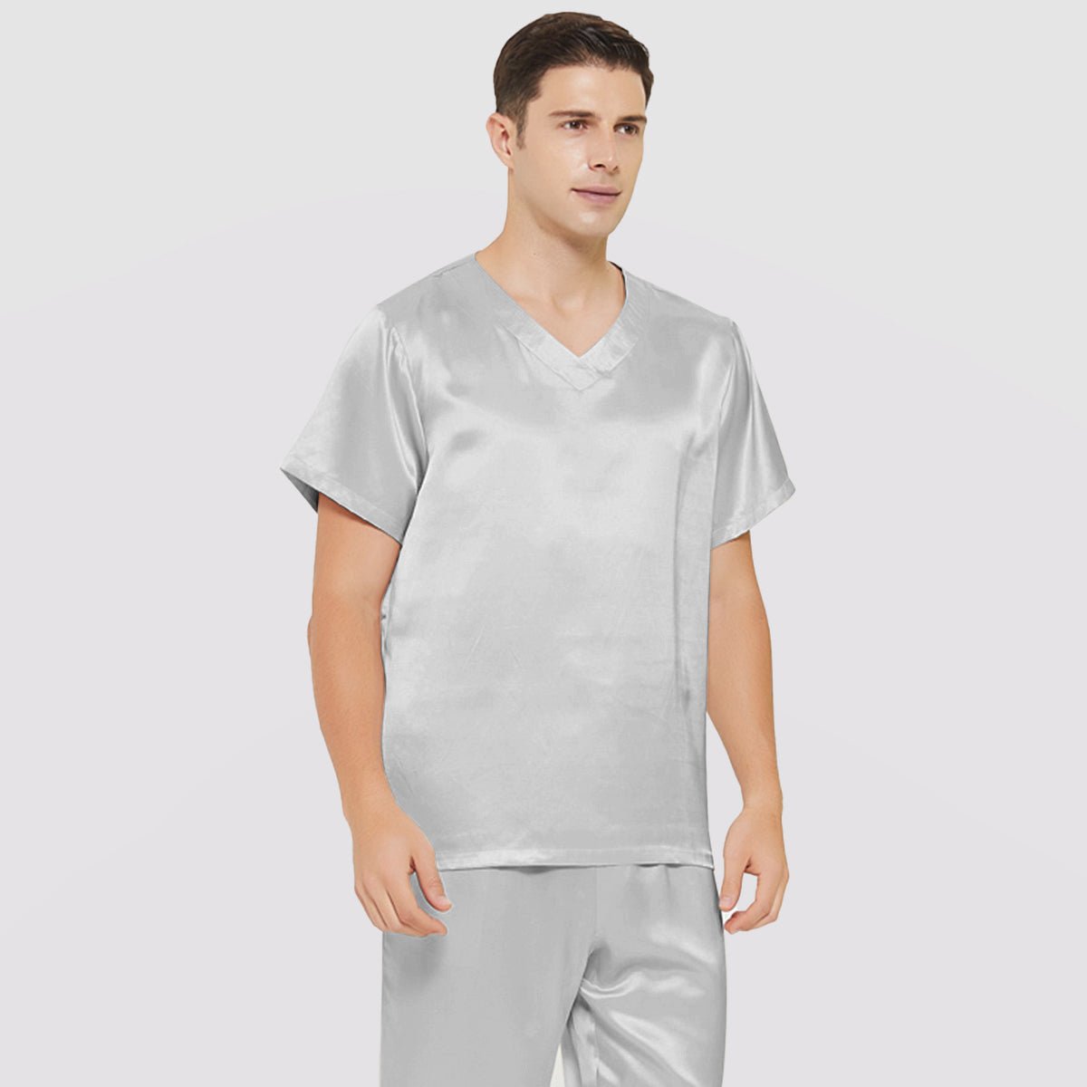 Mens Short Silk Pajama Set Silk Two Piece V Neck Silk Sleepwear Haze Blue S