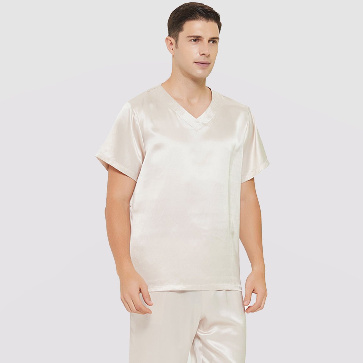 Mens Short Silk Pajama Set Silk Two Piece V Neck Silk Sleepwear Ivory S