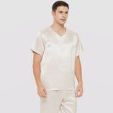 Mens Short Silk Pajama Set Silk Two Piece V Neck Silk Sleepwear Ivory S
