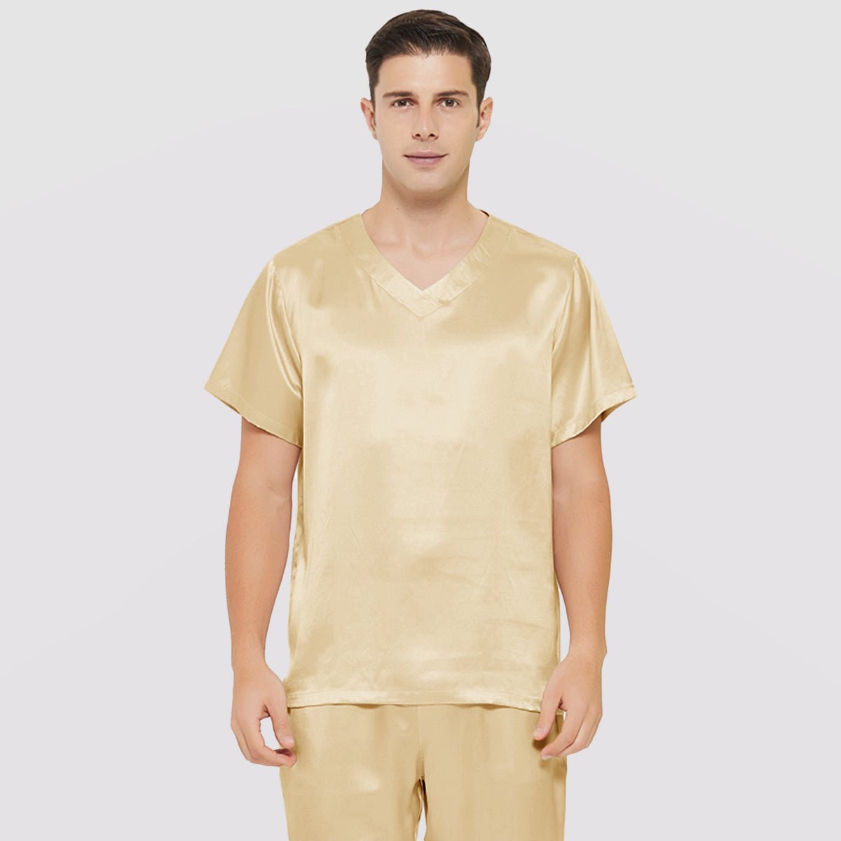 Mens Short Silk Pajama Set Silk Two Piece V Neck Silk Sleepwear Gold S
