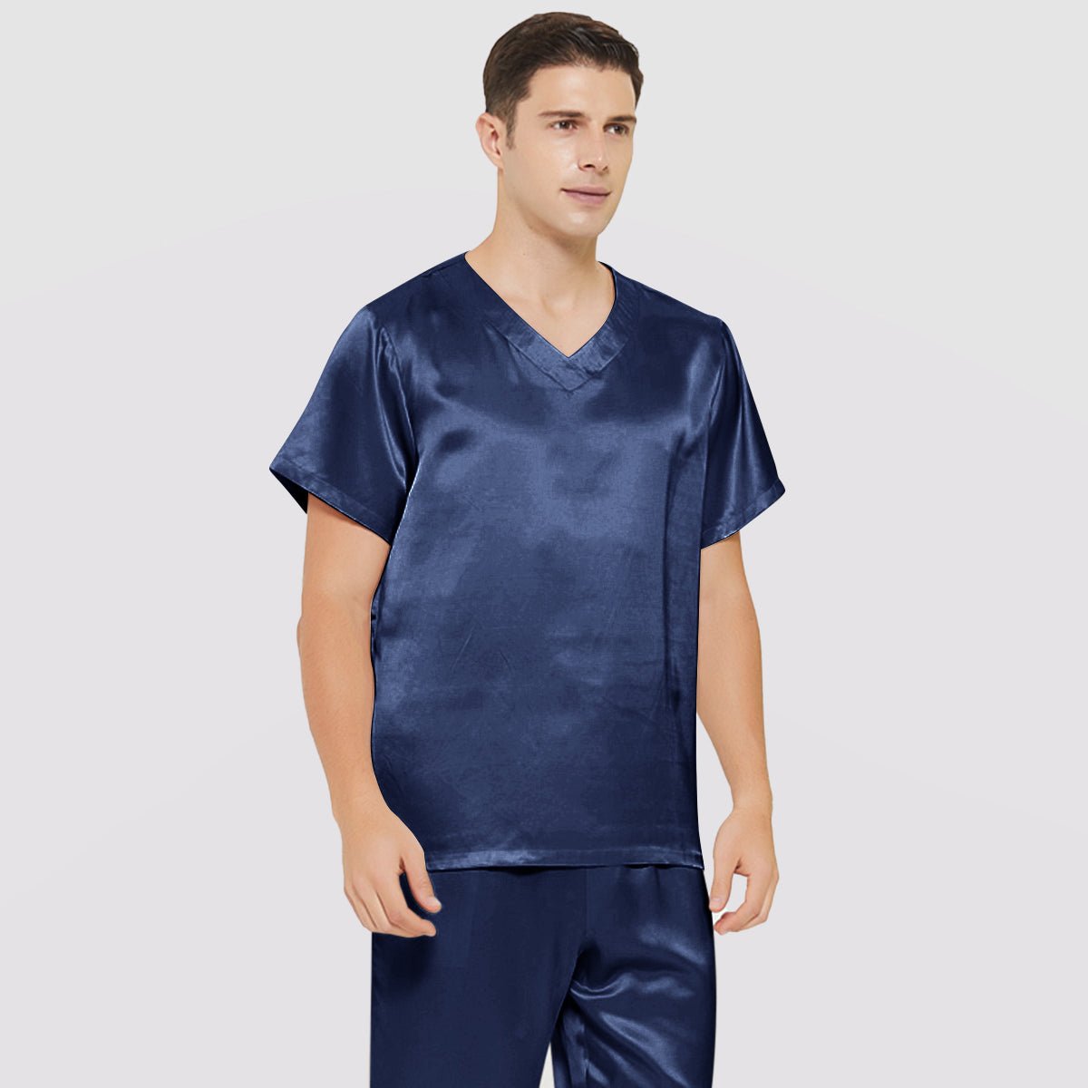 Mens Short Silk Pajama Set Silk Two Piece V Neck Silk Sleepwear Navy Blue S