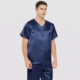 Mens Short Silk Pajama Set Silk Two Piece V Neck Silk Sleepwear Navy Blue S