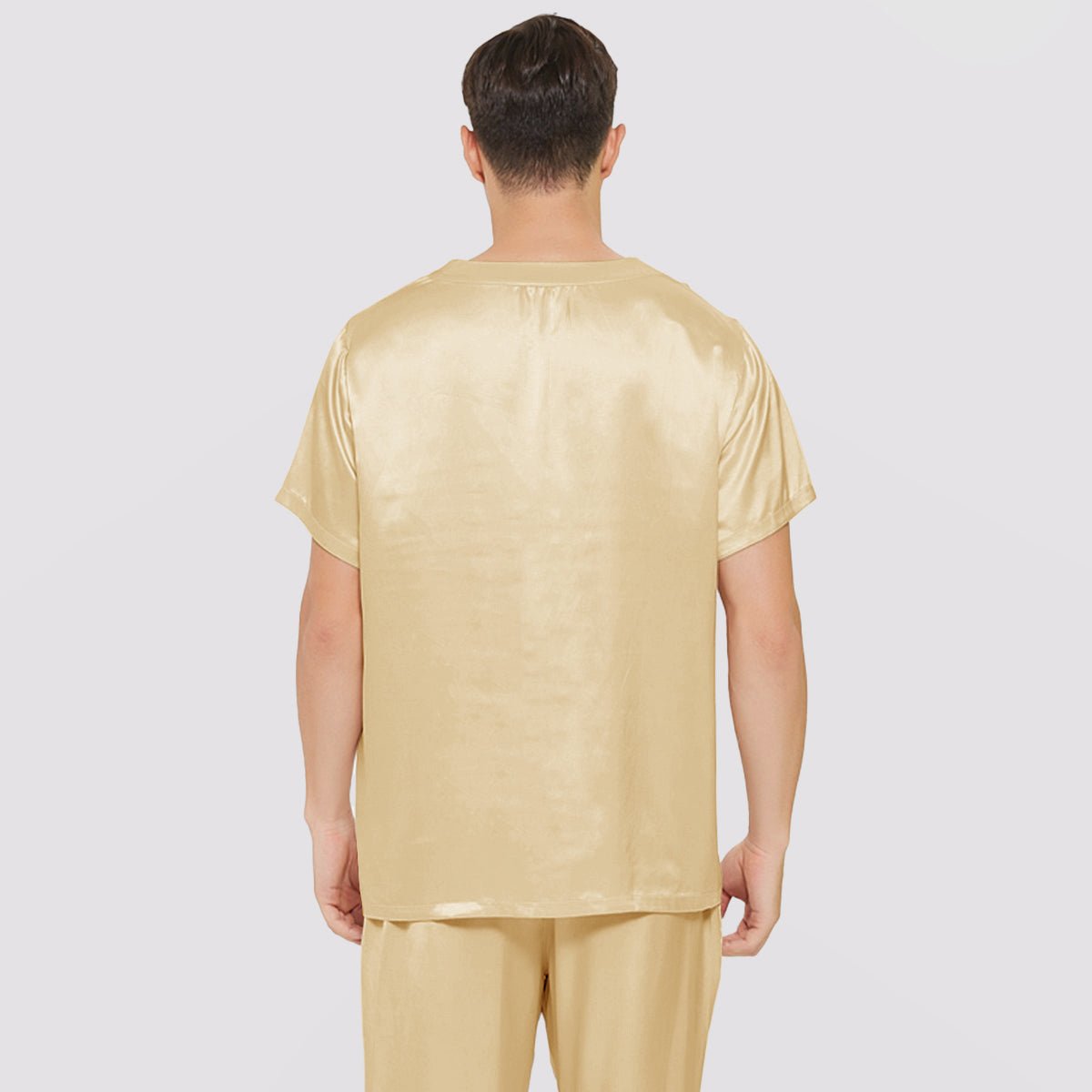 Mens Short Silk Pajama Set Silk Two Piece V Neck Silk Sleepwear Gold S