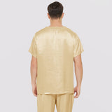 Mens Short Silk Pajama Set Silk Two Piece V Neck Silk Sleepwear Gold S