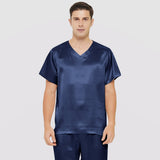 Mens Short Silk Pajama Set Silk Two Piece V Neck Silk Sleepwear Navy Blue S