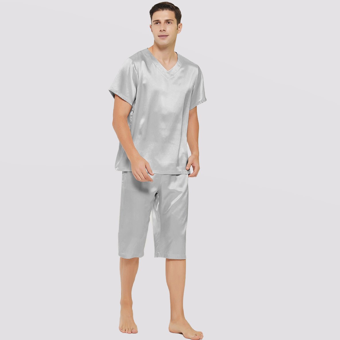 Mens Short Silk Pajama Set Silk Two Piece V Neck Silk Sleepwear Haze Blue S