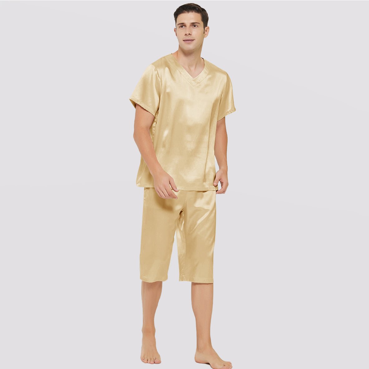 Mens Short Silk Pajama Set Silk Two Piece V Neck Silk Sleepwear Gold S