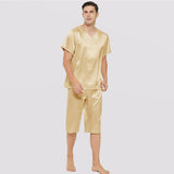 Mens Short Silk Pajama Set Silk Two Piece V Neck Silk Sleepwear Gold S