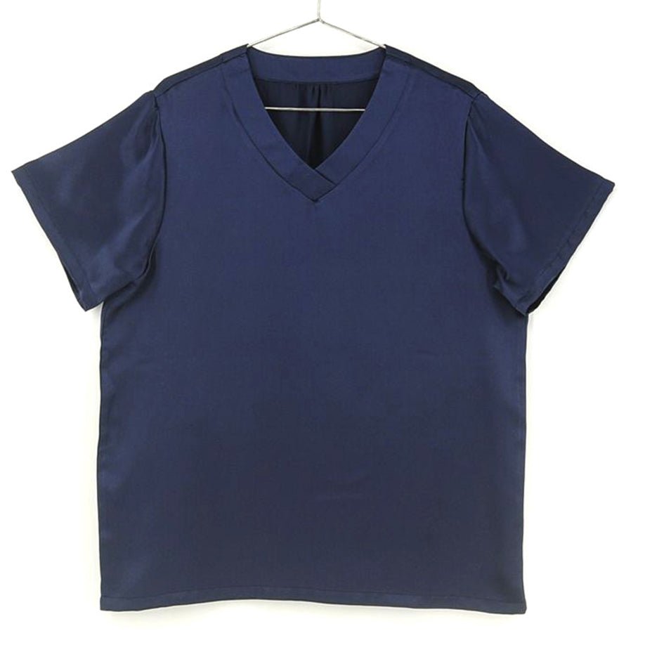 Mens Short Silk Pajama Set Silk Two Piece V Neck Silk Sleepwear Navy Blue S