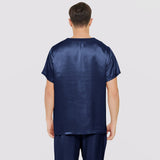 Mens Short Silk Pajama Set Silk Two Piece V Neck Silk Sleepwear Navy Blue S