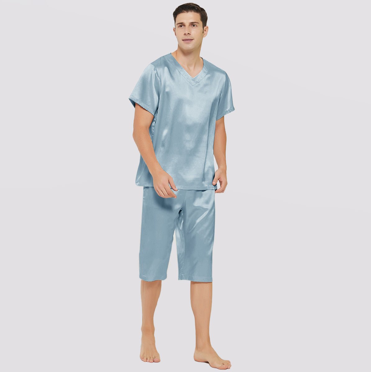 Mens Short Silk Pajama Set Silk Two Piece V Neck Silk Sleepwear Haze Blue S