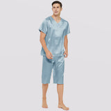 Mens Short Silk Pajama Set Silk Two Piece V Neck Silk Sleepwear Haze Blue S