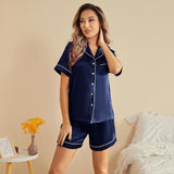 Silk Short Pyjamas For Women's Best Short Silk Pajama Set Navy Blue XS