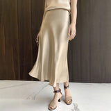 Silk Skirt For Women Elastic Waistband Silk Midi Skirts Champagne XS