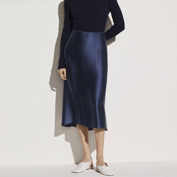 Silk Skirt For Women Elastic Waistband Silk Midi Skirts Navy Blue XS