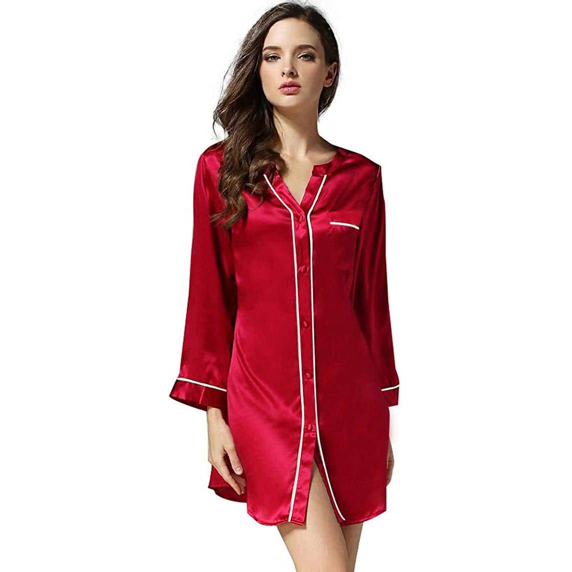 Silk Sleepshirt For Women Mulberry Button Down Silk Nightshirt Claret XS