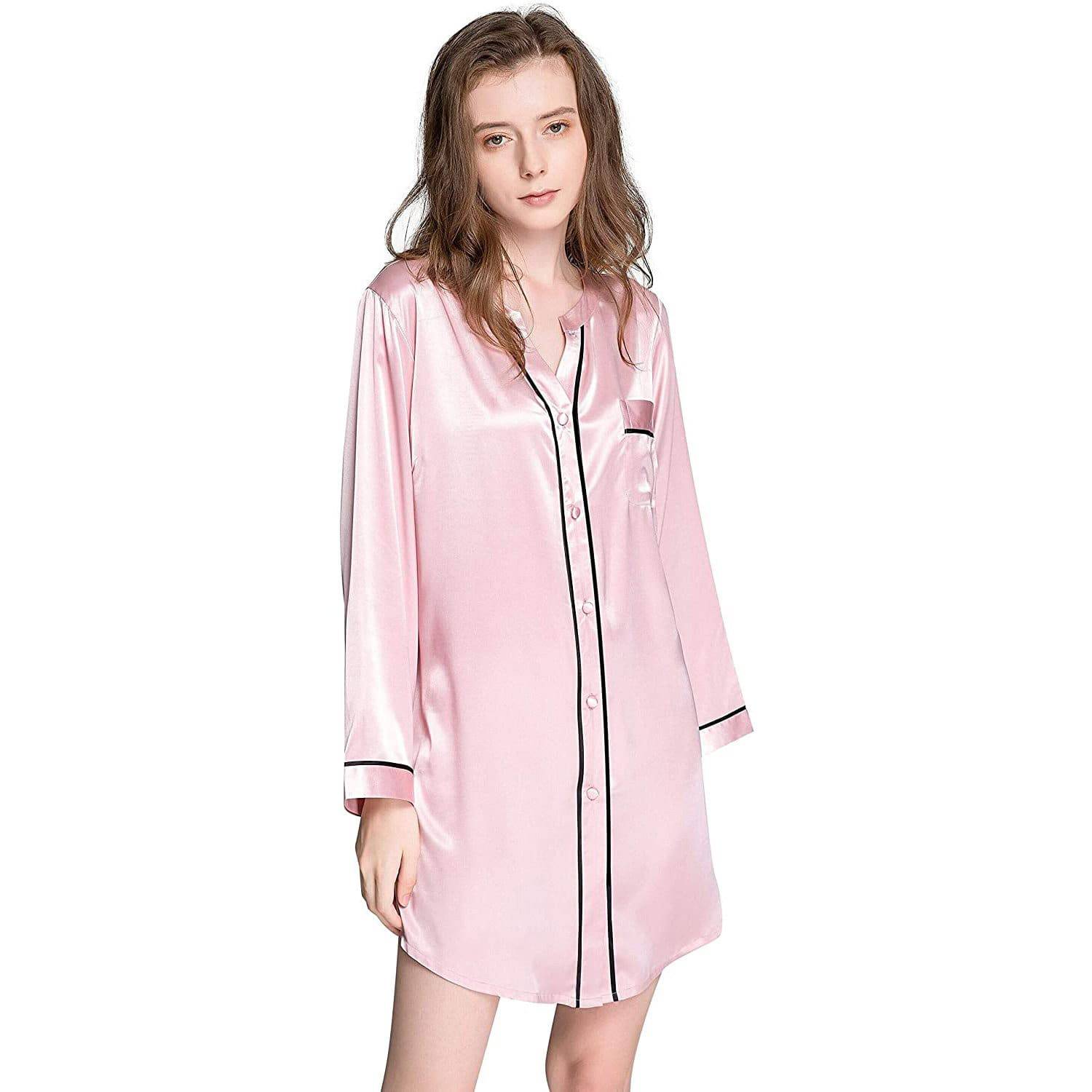 Silk Sleepshirt For Women Mulberry Button Down Silk Nightshirt Pink XS