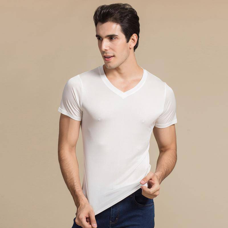 Silk Tee For Mens Silk Knitted V Neck T Shirts Silk Undershirts White S
