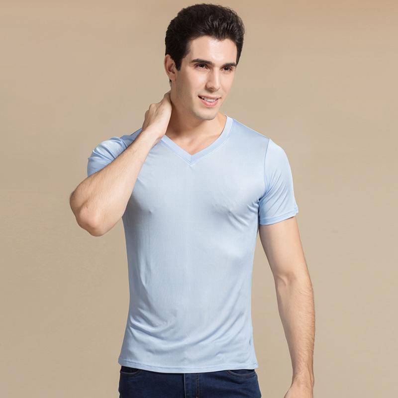 Silk Tee For Mens Silk Knitted V Neck T Shirts Silk Undershirts Blue S