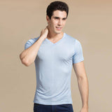 Silk Tee For Mens Silk Knitted V Neck T Shirts Silk Undershirts Blue S
