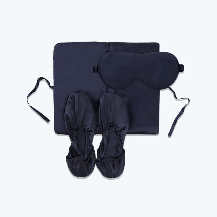 Silk Travel Set 3 PCS Pure Silk Storage Bag Slippers And Eyemask Navy Blue S