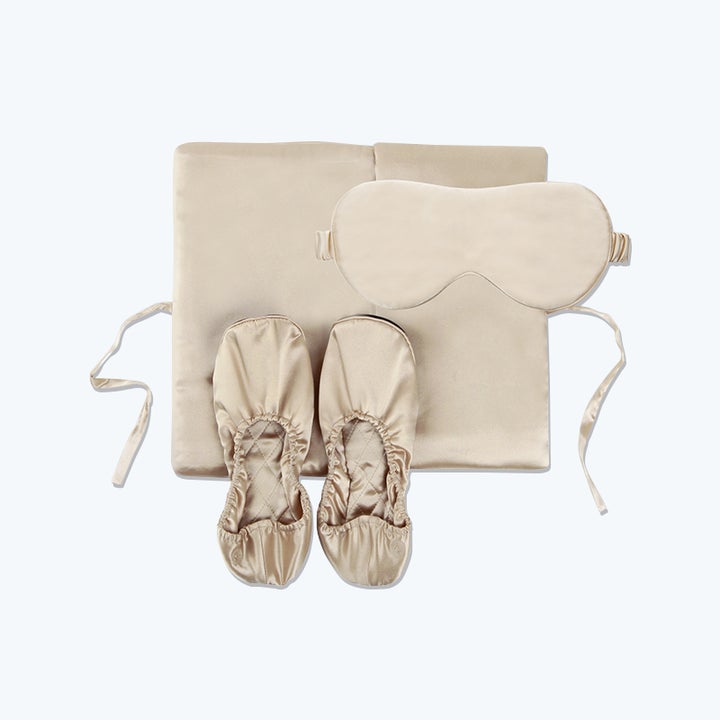 Silk Travel Set 3 PCS Pure Silk Storage Bag Slippers And Eyemask Champagne S