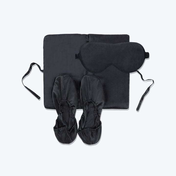 Silk Travel Set 3 PCS Pure Silk Storage Bag Slippers And Eyemask Black S