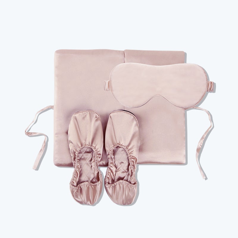 Silk Travel Set 3 PCS Pure Silk Storage Bag Slippers And Eyemask Pink S