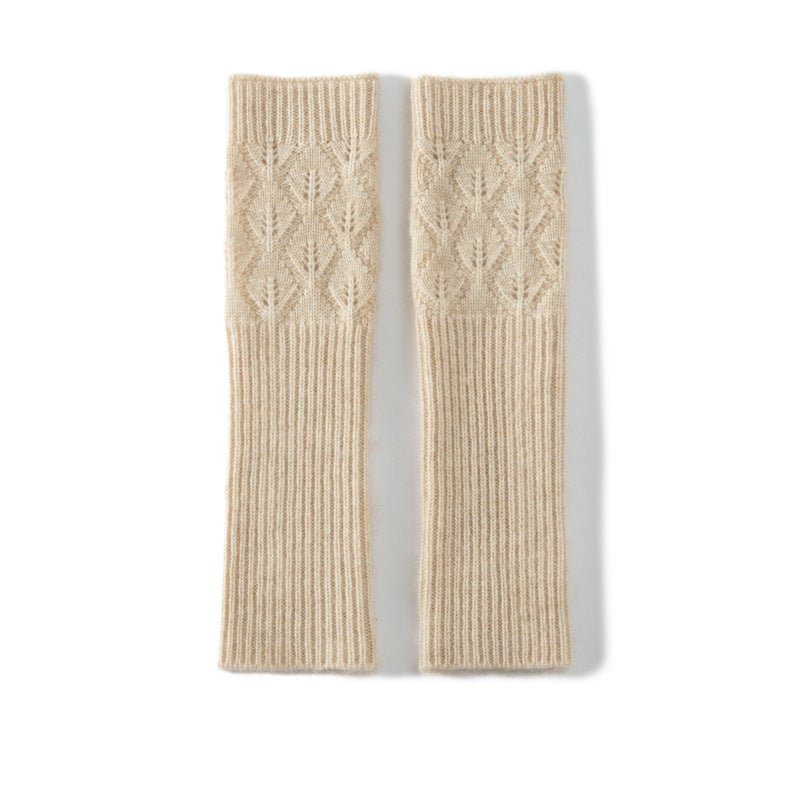 Textured Cashmere Arm Warmers Ribbed Cuffs Cashmere Knit Gloves Beige M