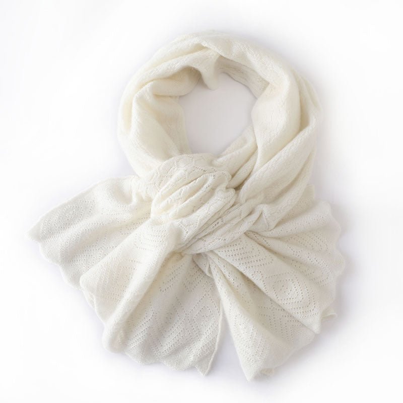 Pure Cashmere Lace Knit Scarf Textured Winter Wrap Neckerchief Ivory M