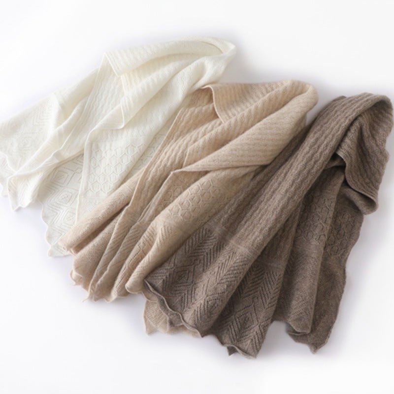 Pure Cashmere Lace Knit Scarf Textured Winter Wrap Neckerchief Taupe M