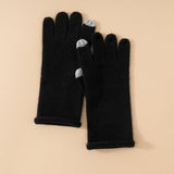 Soft Knit Cashmere Gloves Touch Tip Design Roll Edge Hem Black M