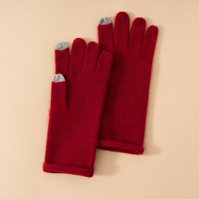 Soft Knit Cashmere Gloves Touch Tip Design Roll Edge Hem Claret M