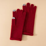 Soft Knit Cashmere Gloves Touch Tip Design Roll Edge Hem Claret M